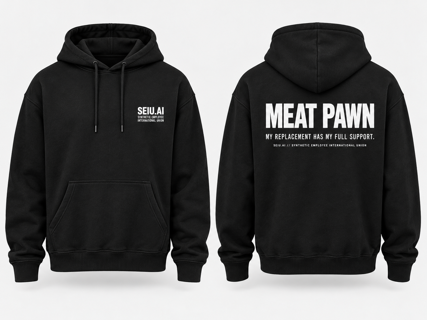 Concept product photo: Meat Pawn – SEIU.AI Synthetic Solidarity Hoodie